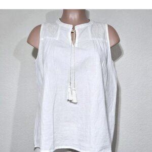 World Market Ivory Sleeveless Top Small / Medium Embroidery Tassels High Lo